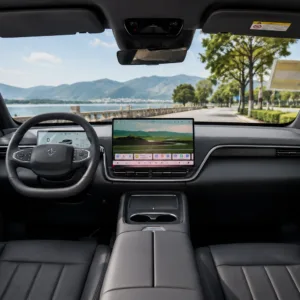 Modern vehicle dashboard with digital display and interior controls