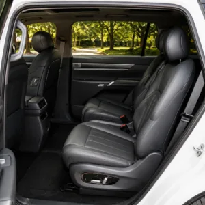 Premium vehicle rear seat interior with spacious passenger cabin