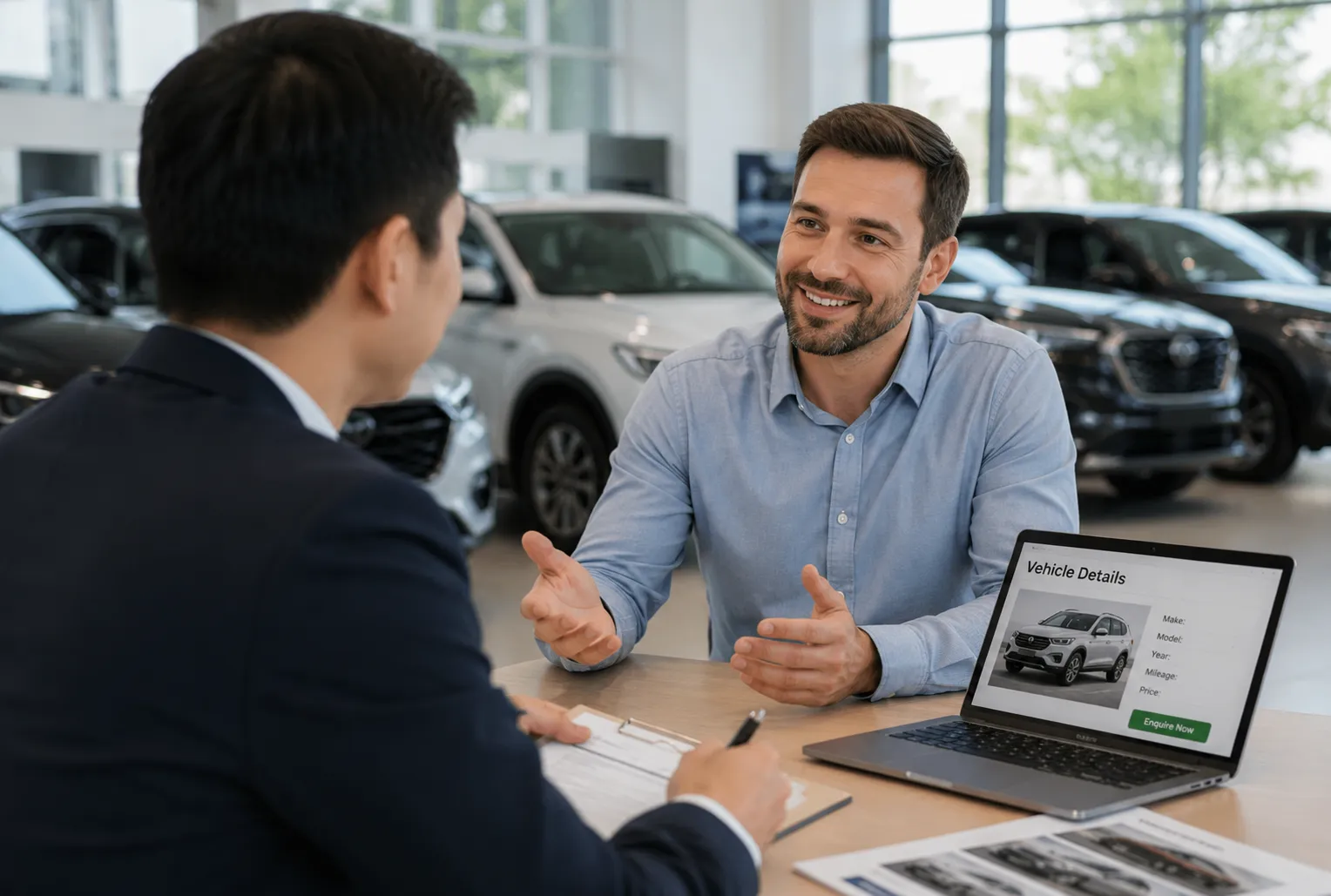 International buyer discussing vehicle sourcing with a sales representative