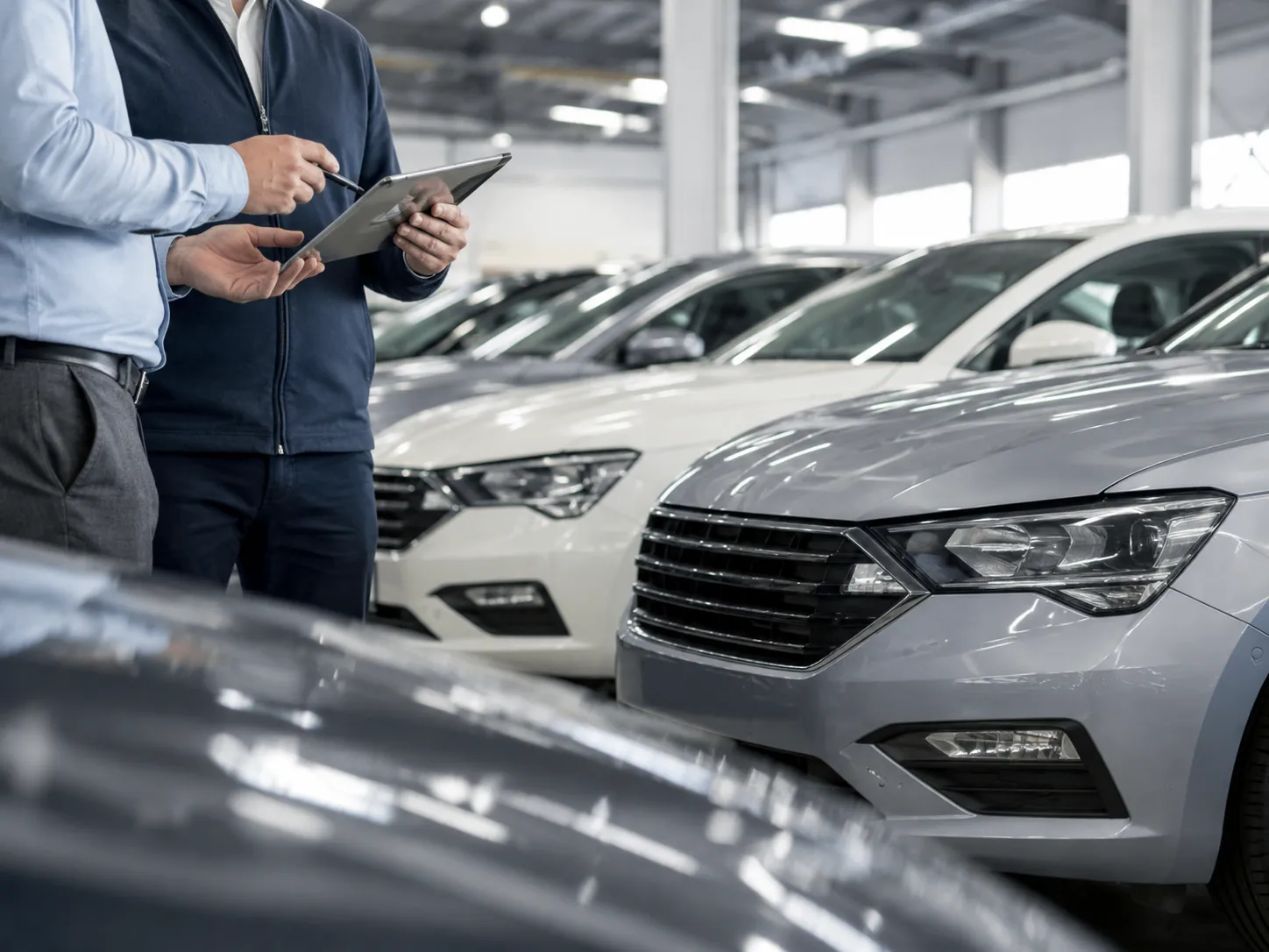 Customer comparing vehicles with a sales representative in a showroom