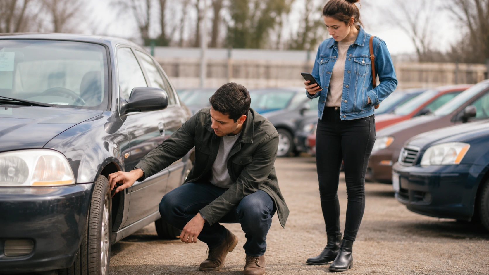 First-time used car buyers inspecting a vehicle before purchase