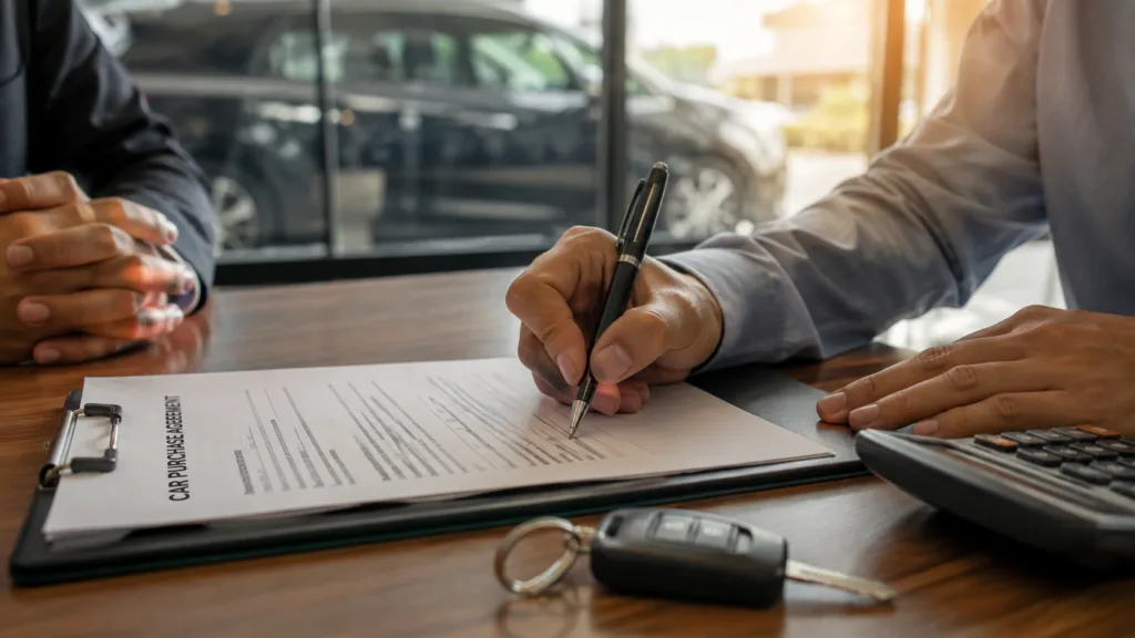 Customer signing vehicle financing and purchase paperwork