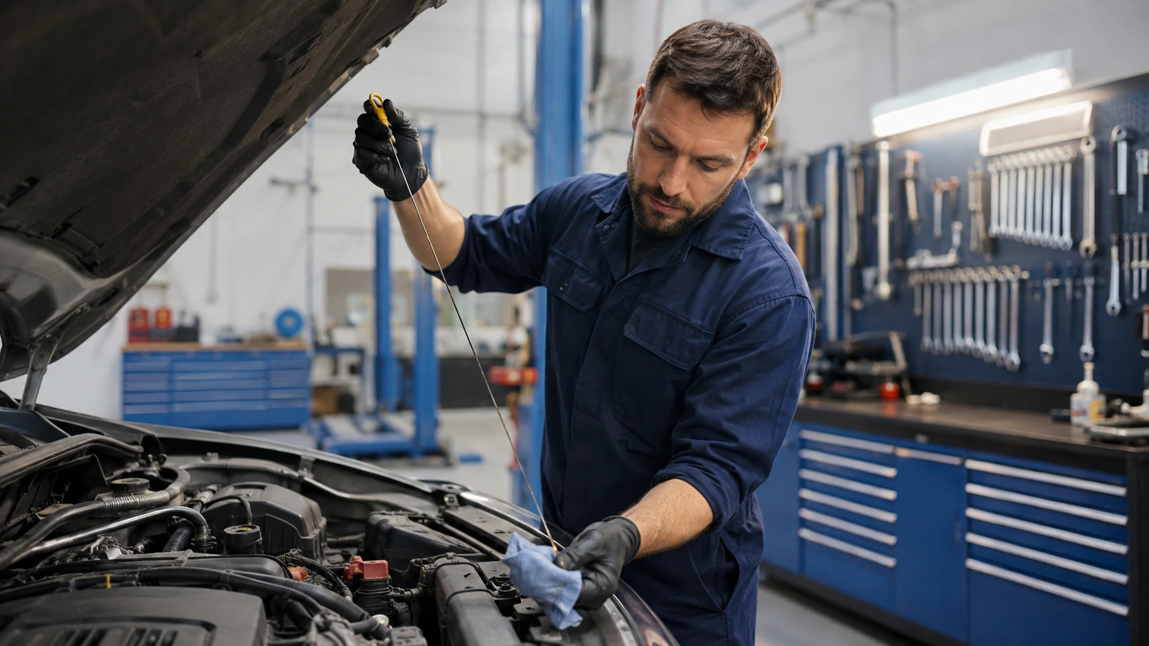 Mechanic checking engine oil during vehicle maintenance