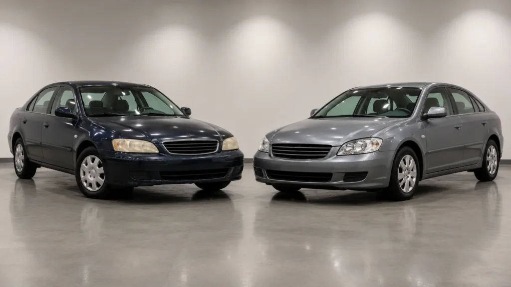 Two used sedans displayed side by side for comparison