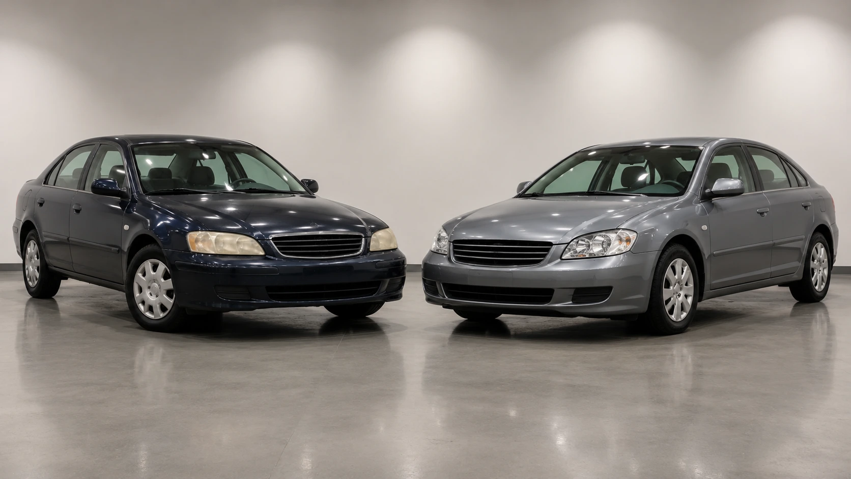 Two used sedans displayed side by side for comparison