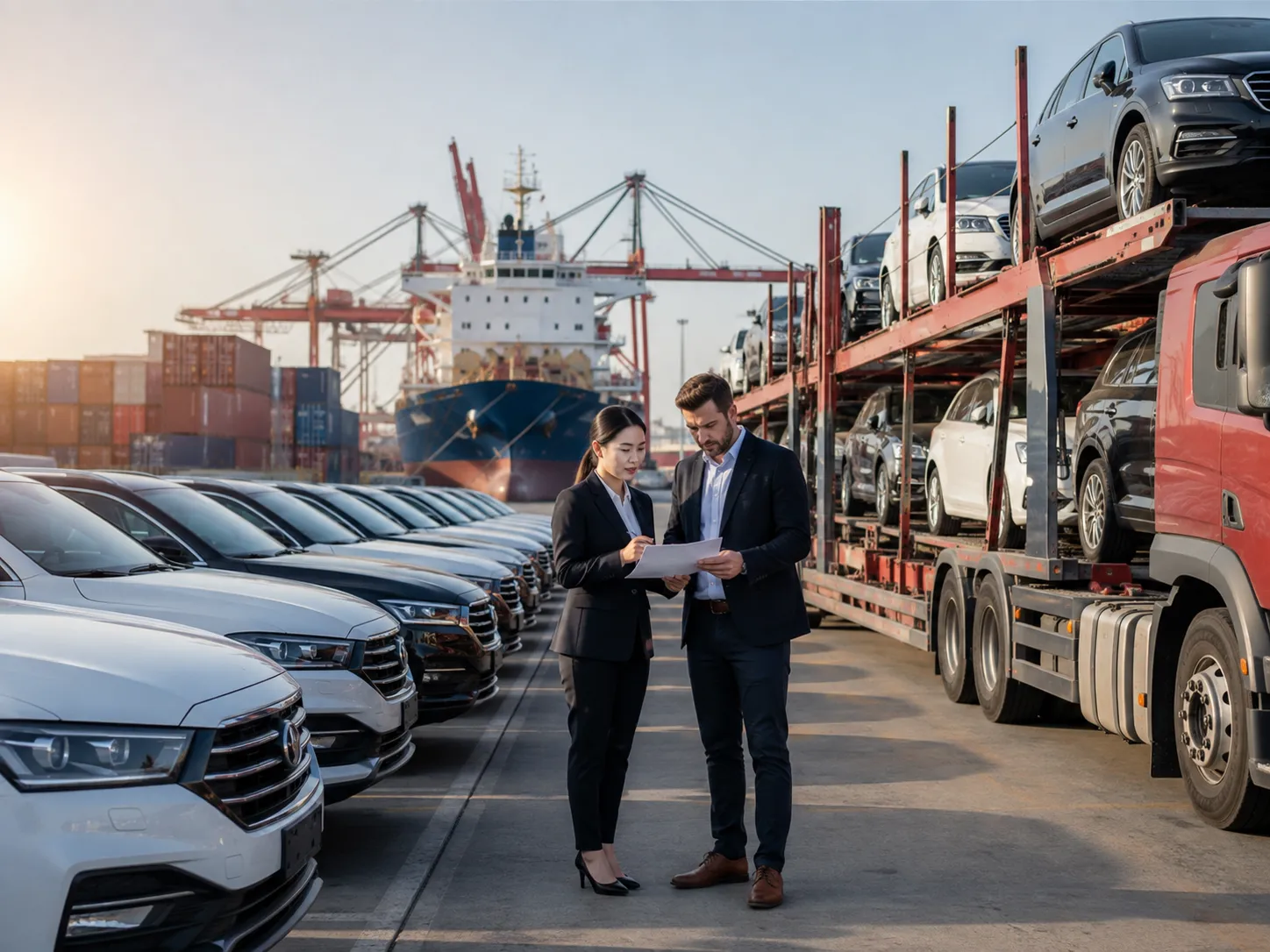 International vehicle buyers reviewing export and shipping details at a port