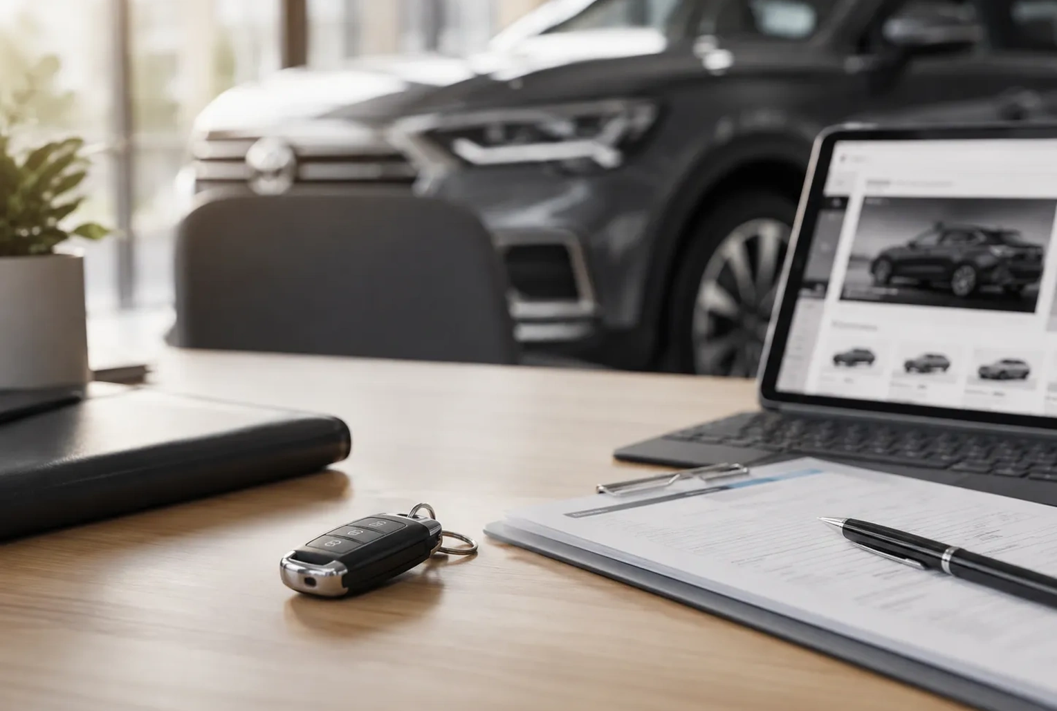 Car key, purchase documents and laptop in a vehicle showroom