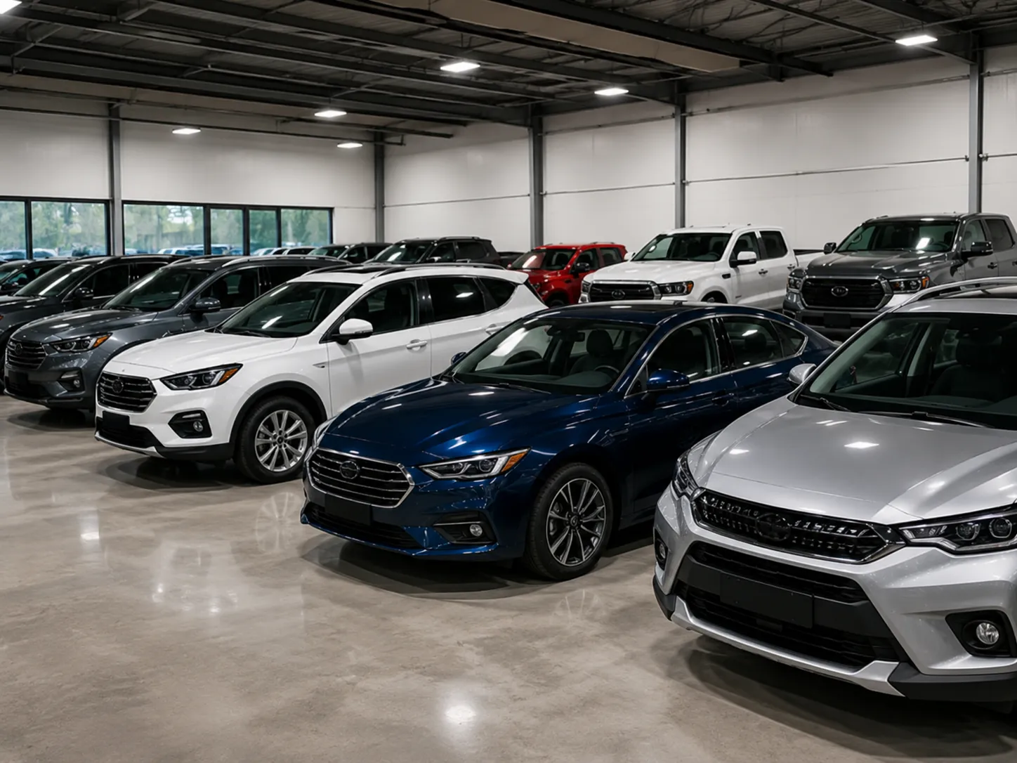 New vehicles stored in modern automotive showroom
