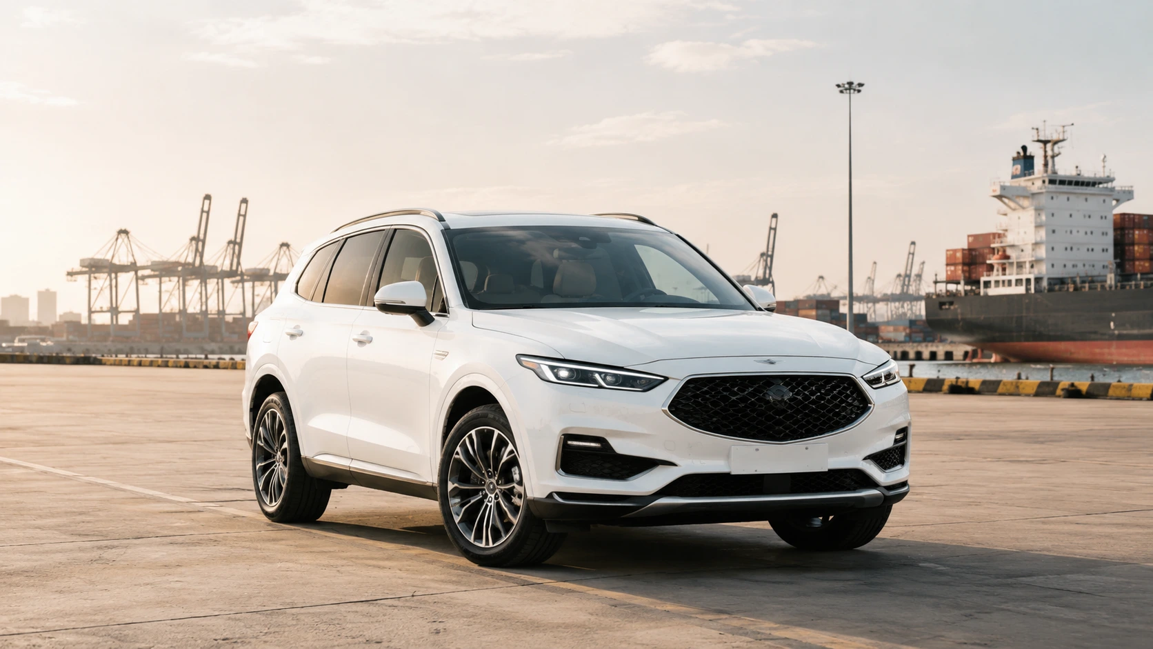 New vehicles ready for export at a Chinese port