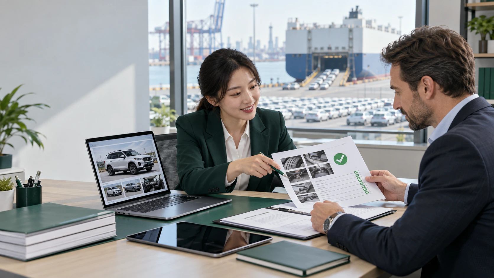 Sales manager and importer reviewing a quote and inspection report to choose a reliable car exporter in China