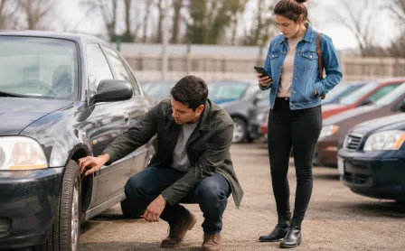 First-time used car buyers inspecting a vehicle before purchase