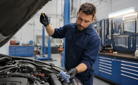 Mechanic checking engine oil during vehicle maintenance